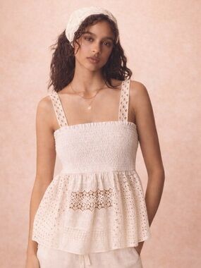 Anthro Lace Babydoll Tank White Smocked Eyelet Top Boho NWOT